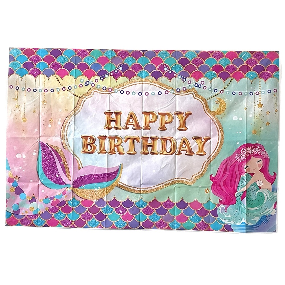 Mermaid Theme Happy Birthday Backdrop - Multicolor